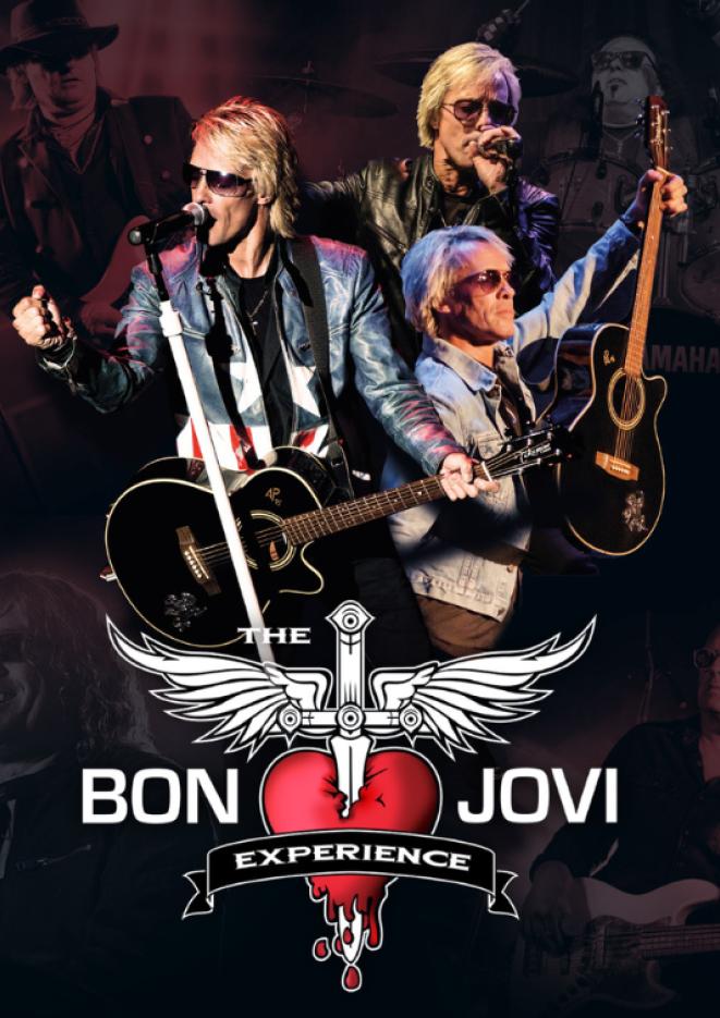 Images of a Jon Bon Jovi tribute artist with white text that reads The Bon Jovi Experience.