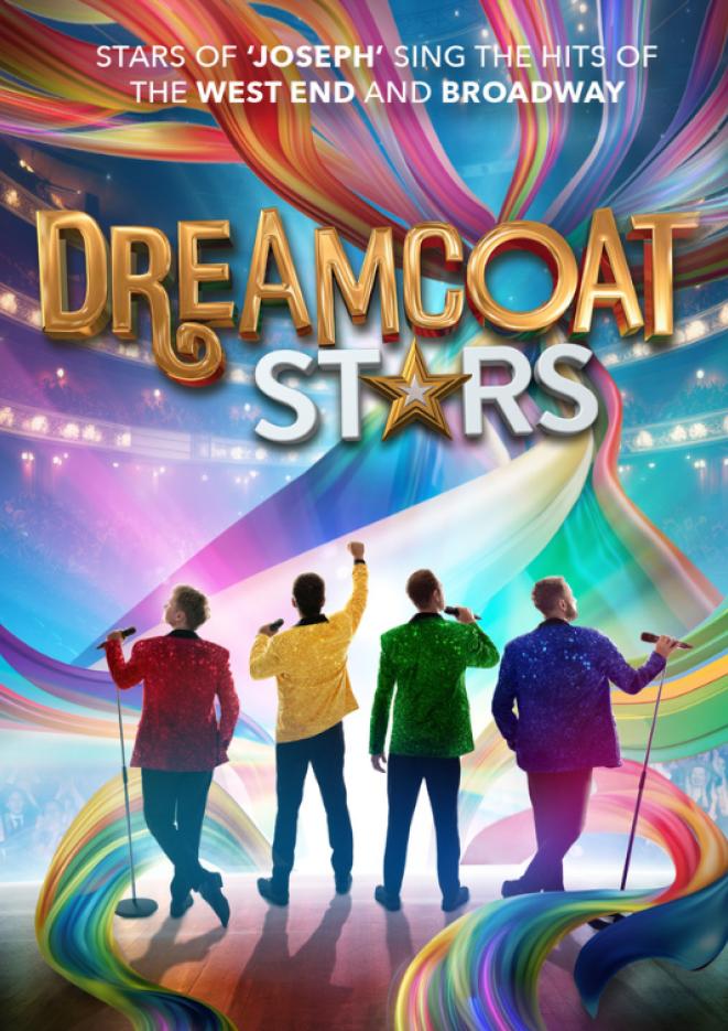 Four singers in bright coloured jackets stand against a swirly multicoloured background, with text above that reads Dreamcoat Stars.