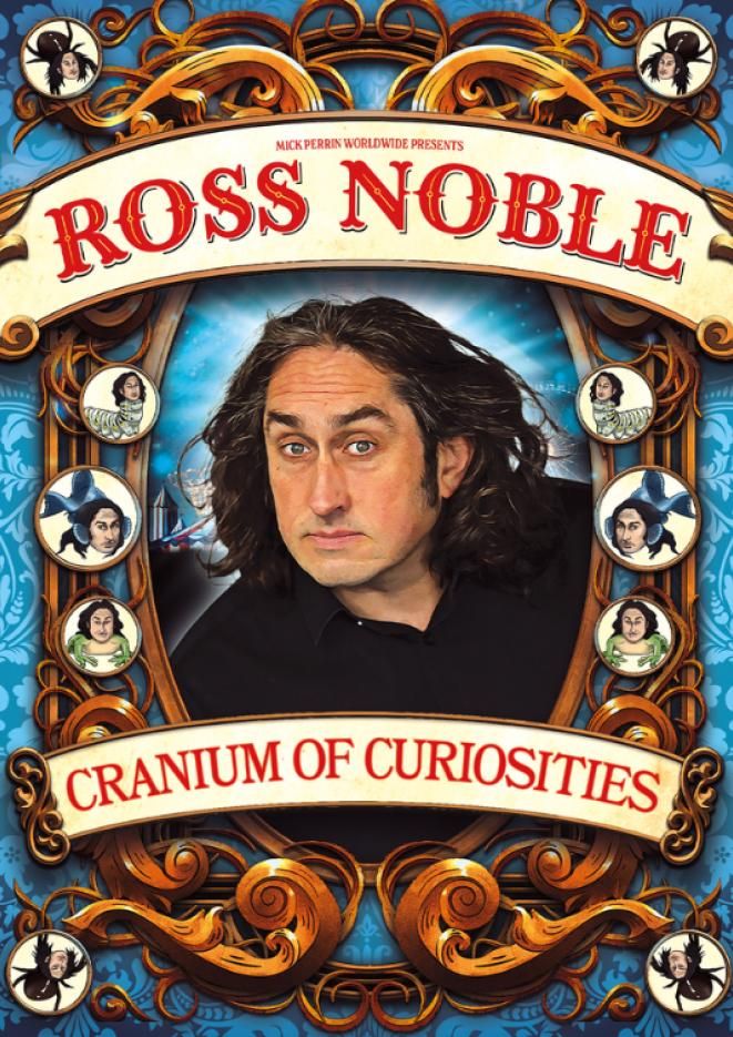 A portrait style image of comedian Ross Noble in a gold frame with red text over the top that reads Ross Noble Cranium of Curiosities.