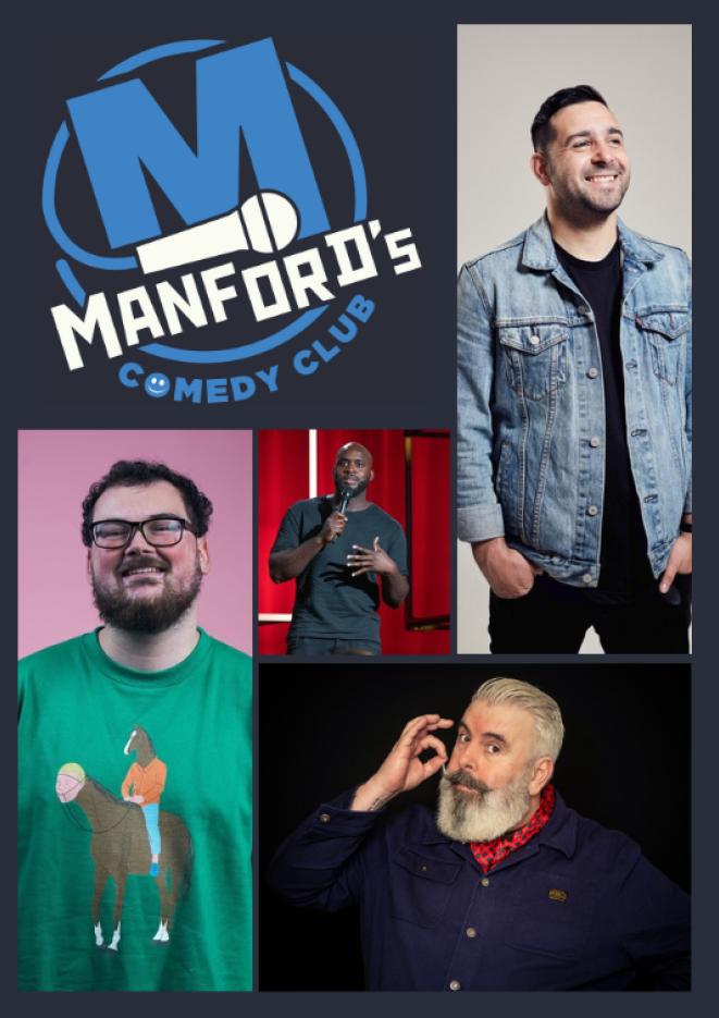 A collage of four male comedians against a dark background and a blue logo that reads Manford's Comedy Club.