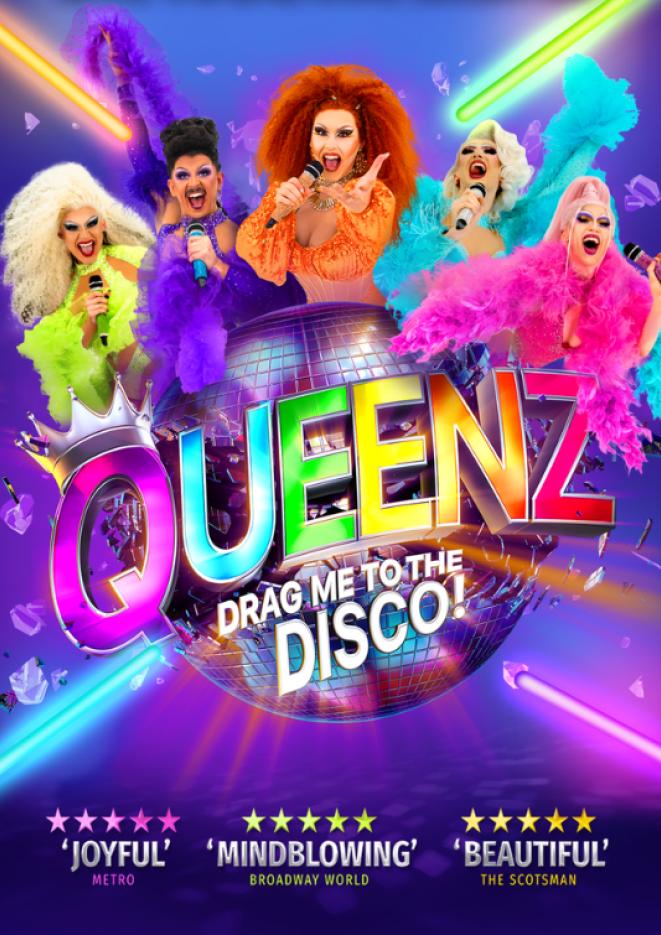 Purple background with a disco ball and text that reads Queenz Drag Me To The Disco, with 5 drag queens in brightly coloured outfits above.