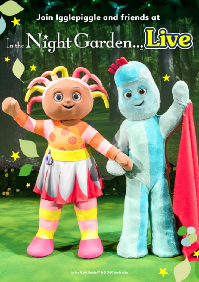 Childrens TV characters from In the night garden stand against a forest setting.