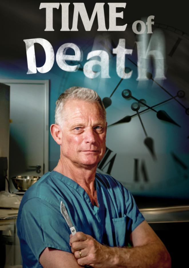 A male doctor wearing blue scrubs with a graphic of a clock in the background and white text above that reads Time of Death.